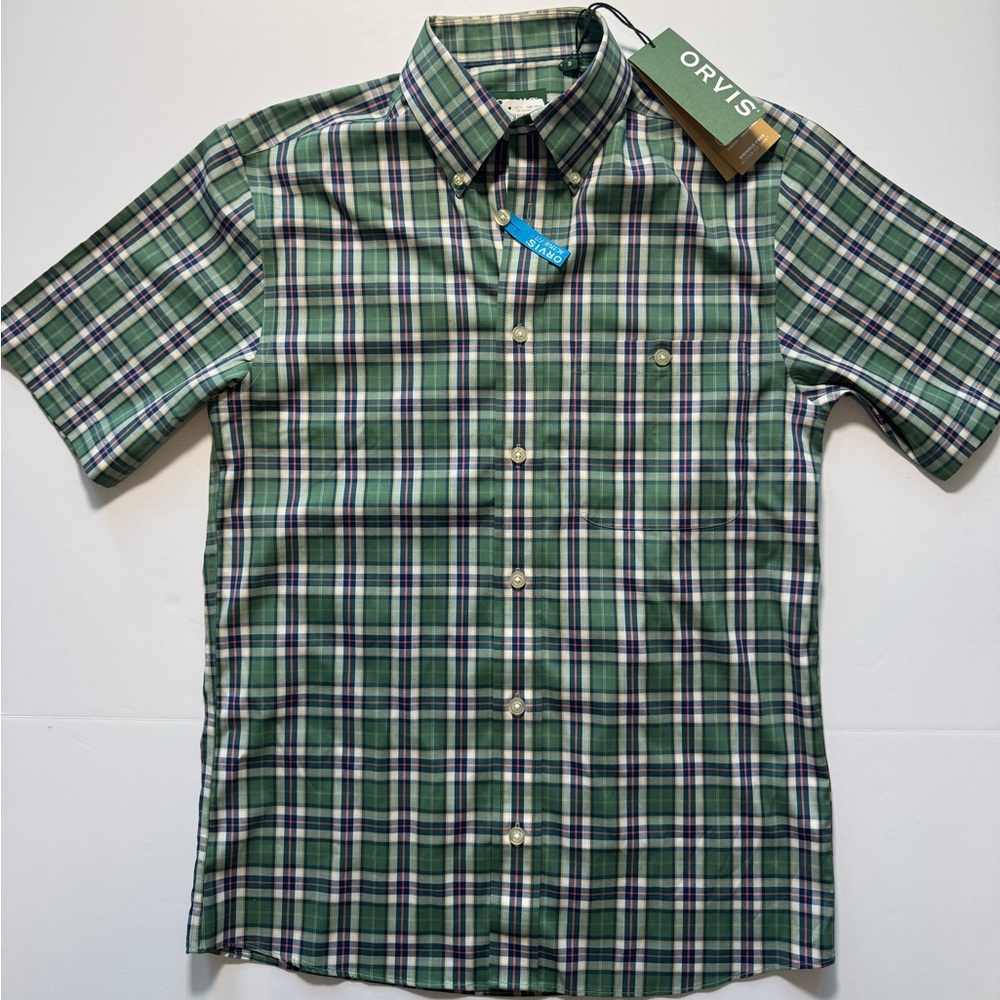 NWT Orvis Active Fit Button Down Short Sleeve Green Plaid Small Shirt